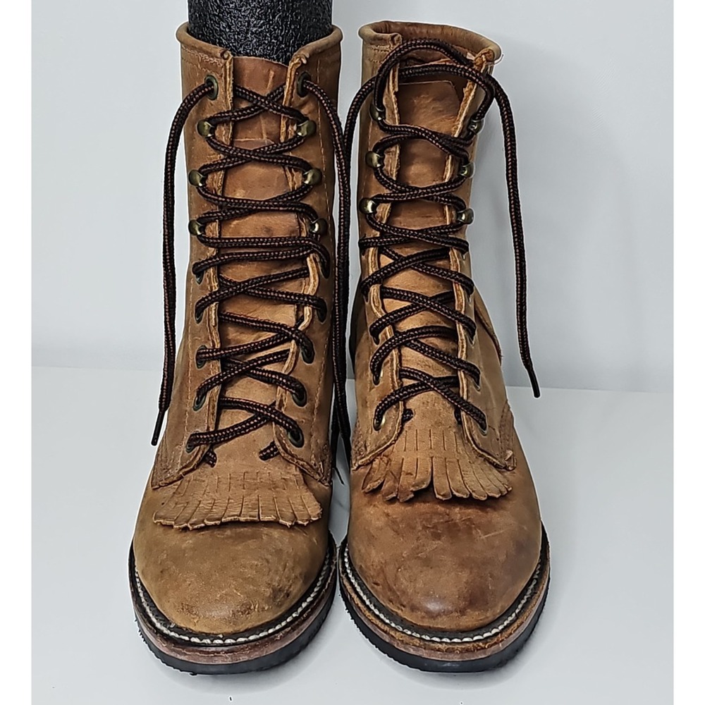 Vtg PD Tuff USA Handmade Leather Packer Boots Kiltie Lace Up Women's 6.5 M